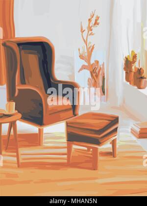 Wohnzimmer Einrichtung mit Sessel und Fußstütze, Aquarell Vector Illustration Stock Vektor