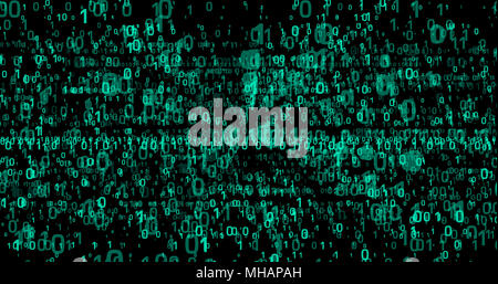 Digitale Hintergrund. Nullen und Einsen 3D-Motiv. Dynamische Ziffern aus der Perspektive. Stockfoto