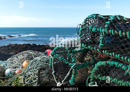 Krabbe lobster Töpfen bei Priestern Cove, Cape Cornwall, Cornwall, England, Großbritannien, Großbritannien. Stockfoto