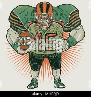 Aggressive American football player. Vector Illustration eines muskulösen American Football Spieler mit Ball. Vorderansicht. Stock Vektor