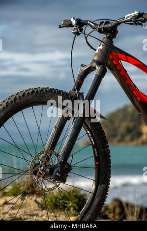 Mountainbike vorne Federgabel und Scheibenbremse. Stockfoto