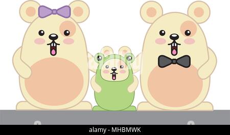 Eltern Hamster und Baby mit Toad Kostüm kawaii Charakter Vector Illustration Design Stock Vektor