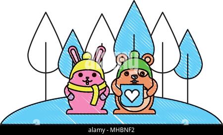 Landschaft mit Hase und Maus Cartoon und Kaffee Tasse Vector Illustration Stock Vektor