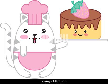 Kawaii chef Katze mit süßer Kuchen cartoon Vector Illustration Stock Vektor