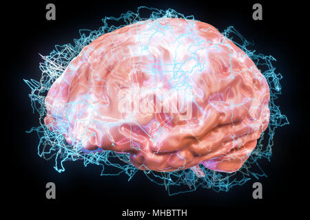 Gehirn Impulse, Denken, künstliche Intelligenz Konzept. 3D-Rendering Stockfoto