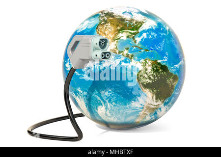 Elektroauto Ladestecker mit Globus, 3D-Rendering auf weißem Hintergrund Stockfoto