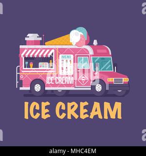 Retro ice cream van in flacher Ausführung. Essen auf Rädern Kiosk. Sommer Küche auto Vector Illustration. Rosa eis Lkw Abbildung. Jahrgang ca Stock Vektor