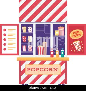 Retro vending popcorn Kiosk in flacher Ausführung. Stadt Street Food stall für Pop Corn verkaufen. Sommer Küche Salon. Stock Vektor