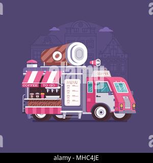 Retro/van in flacher Ausführung. Stadt Street Food Lkw mit Cafe Tasse. Sommer Küche auto Kiosk in flacher Ausführung. Cartoon Auto mit Essen auf Rädern illus Stock Vektor