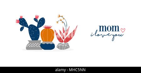 Glückliche Mütter Tag Web Banner Abbildung von Hand gezeichnet Kakteen Sukkulenten mit Blumen. EPS 10 Vektor. Stock Vektor