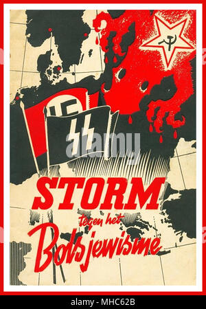 Vintage WW2 Nazis Poster im besetzten Holland niederländische NS-Propaganda Poster 1940-44 "Sturm gegen den Bolschewismus'' "Sturm tegen het Bolsjewisme' Niederländische propagandaplakat von der NS-Propaganda Magazin Sturm SS' veröffentlicht. Stockfoto