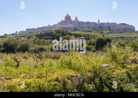 Alte Anhöhe befestigte Hauptstadt von Malta, die Stille Stadt Mdina oder L-Mdina, Es ist Skyline gegen blaue Feder Himmel mit riesigen Wänden, Kuppeln und Stockfoto