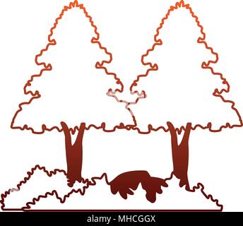 Baum mit Büschen und Felsen auf rote Linien Stock Vektor