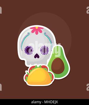 Sugar Skull mit Taco und Avocado über braunen Hintergrund, farbenfrohen Design. Vector Illustration Stock Vektor