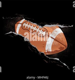 American football Ball hinter einem Rip. Vector Illustration eines amerikanischen Fußball-Ball auf schwarzem Hintergrund isoliert. Stock Vektor