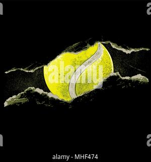 Tennis ball hinter einem Rip. Vector Illustration eines Tennisball auf schwarzem Hintergrund isoliert. Stock Vektor