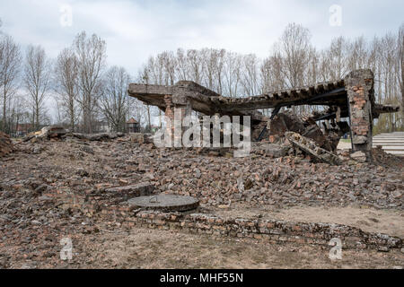 Foto von den Resten des Krematoriums in Auschwitz Birkenau NS-Konzentrationslager. Krematorien wurden von der Deutschen am Ende des Zweiten Weltkriegs gesprengt. Stockfoto