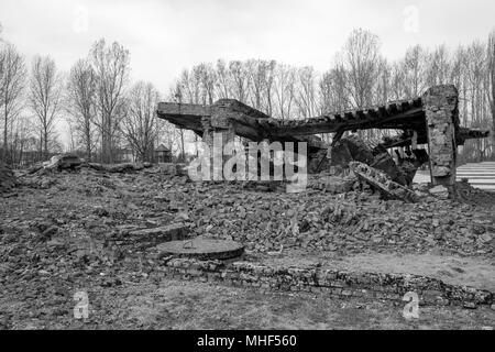 Foto von den Resten des Krematoriums in Auschwitz Birkenau NS-Konzentrationslager. Krematorien wurden von der Deutschen am Ende des Zweiten Weltkriegs gesprengt. Stockfoto