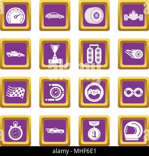 Auto Rennen Icons Set Vector lila Quadrat auf weißem Hintergrund Stock Vektor