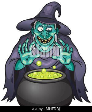Vector Illustration von Cartoon Hexe mit Hexenkessel Stock Vektor
