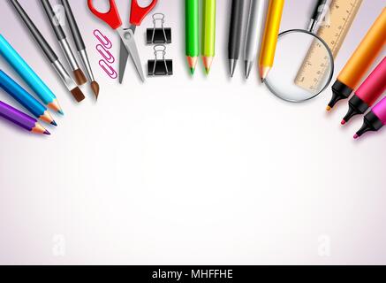 Zurück zu Schule vector Hintergrund Vorlage mit Schule, Bildung liefert und Leere leere weiße Platz für Text auf weißen Hintergrund. Vektor Stock Vektor