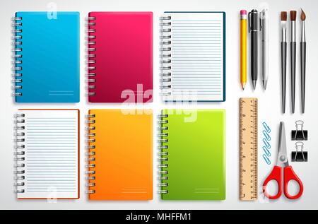 Notebook Vektor mit Schulmaterial und Bürobedarf in weißen Hintergrund für Bildungs- und zurück zur Schule Elemente isoliert. Stock Vektor