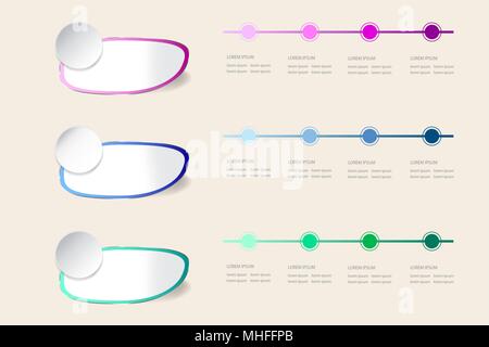 Satz von drei Infografik verbogen Labels mit farbigen Kanten und Chrom Rahmen und Timeline. Bunte timeline neben Ihnen ist bereit für Ihren Text. Stock Vektor