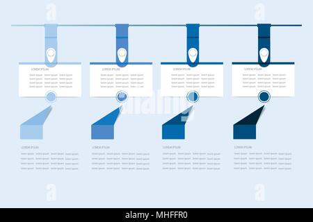 Satz von sechs Infografik hängenden Rechteckige Etiketten in die Schatten von blauer Farbe. Die Pfeile zeigen an der Labels, um den Prozess zu beschreiben. Everyth Stock Vektor