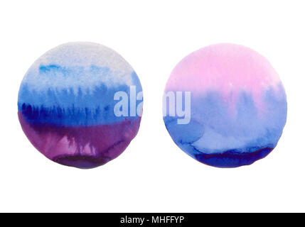 Zwei schöne abstrakte Grunge dekorative Malerei, Violett Blau und Rosa blaue Punkte, Kreise. Handgefertigte Aquarell Malerei. Weiß horisontal Hintergrund Stockfoto