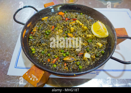 Paella de Mariscos", Meeresfrüchte Paella, Cadiz, Andalusien, Spanien Stockfoto