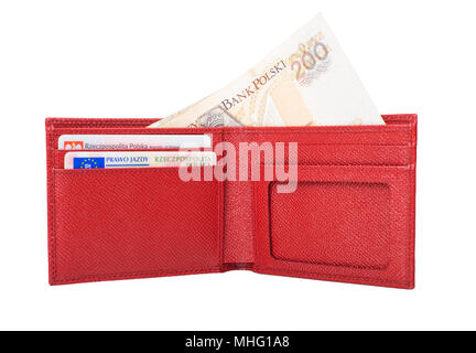 Wallet mit polnischen Zloty isoliert auf Weiss. Rote Mappe mit polnischen Geld auf Pfingstmontag isoliert. Stockfoto