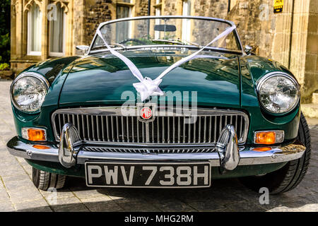 Grüne MGB Roadster Hochzeit Auto mit einem weißen Band und Bogen Stockfoto
