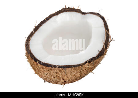Coconut halb offen über einen weißen Hintergrund. Stockfoto