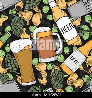 Hintergrund von Bier mit Hopfen, Malz Bündel eingerichtet, verschiedene Arten von Bier, Flaschen und Brezeln. Vintage Vektor oktoberfest nahtlose Muster gezeichnet Ich Stock Vektor