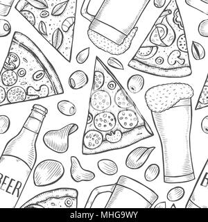 Monochrome nahtlose Muster Hintergrund von Bier und Pizza in einem alten Gravur Stil. Stock Vektor