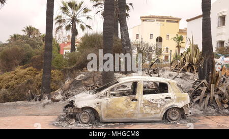 Eine ausgebrannte Pflege nach einem Buschfeuer in Spanien. Stockfoto