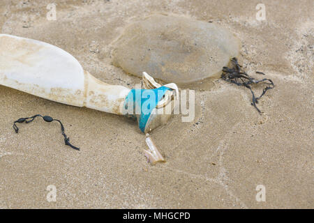 Plastikflasche liegen neben einem toten Quallen an einem Strand in Großbritannien ein Beispiel für die Plastik, die Verschmutzung des Meeres Stockfoto