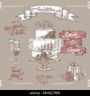 Satz von Vintage Farbe Hochzeit Skizzen und Pinsel Kalligraphie. Schließt Wein Glas, ribbon Banner und Kuchen Dekor Skizze. Stock Vektor