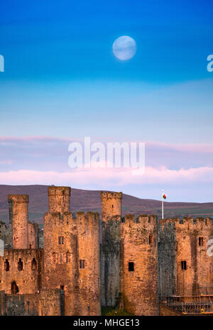 Einen schönen Sonnenaufgang Sonnenaufgang und Einstellung Mond über Conwy Castle und Carnedd Llewelyn und dem Beginn des Snowdonia National Park, Conwy, Wales, Großbritannien Stockfoto