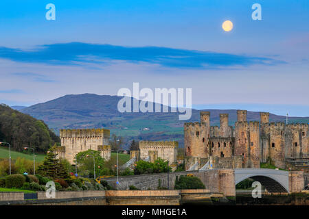 Einen schönen Sonnenaufgang Sonnenaufgang und Einstellung Mond über Conwy Castle und Carnedd Llewelyn und dem Beginn des Snowdonia National Park, Conwy, Wales, Großbritannien Stockfoto