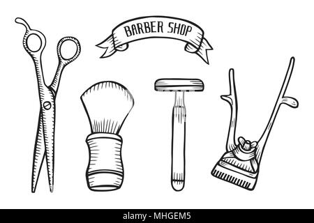 Friseur set Vektor. Hand gezeichnet Vector Illustration auf Weiß in alten Vintage Gravur Stil isoliert. Stock Vektor