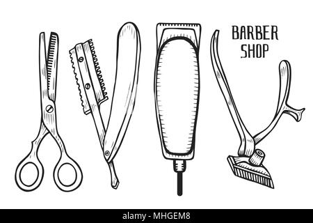 Friseur set Vektor. Hand gezeichnet Vector Illustration auf Weiß in alten Vintage Gravur Stil isoliert. Stock Vektor