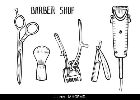 Friseur set Vektor. Hand gezeichnet Vector Illustration auf Weiß in alten Vintage Gravur Stil isoliert. Stock Vektor