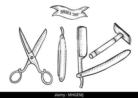 Friseur set Vektor. Hand gezeichnet Vector Illustration auf Weiß in alten Vintage Gravur Stil isoliert. Stock Vektor