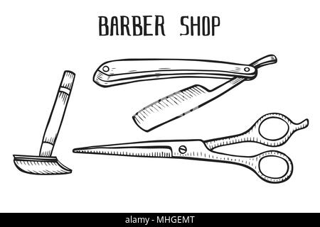 Friseur set Vektor. Hand gezeichnet Vector Illustration auf Weiß in alten Vintage Gravur Stil isoliert. Stock Vektor