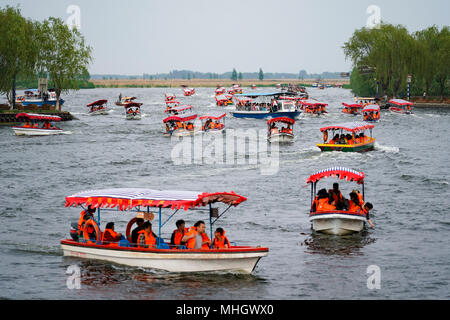 Xiongan, Hebei Provinz Chinas. 30 Apr, 2018. Touristen besuchen die Baiyangdian See in Xiongan neuer Bereich, im Norden der chinesischen Provinz Hebei, 30. April 2018. Viele Touristen verbrachten ihre Freizeit hier während der Mai Feiertag. Credit: Shen Bohan/Xinhua/Alamy leben Nachrichten Stockfoto