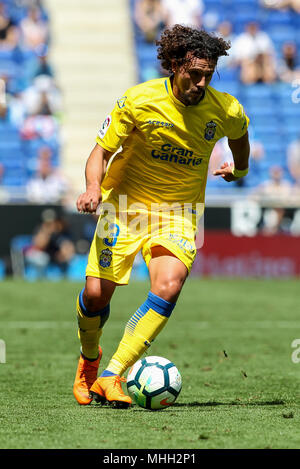 28. April 2018, Cornella-El Prat, Cornella de Llobregat, Barcelona, Spanien; La Liga Fußball, Espanyol gegen Las Palmas; Aguirregaray von UD Las Palmas läuft vorwärts Stockfoto