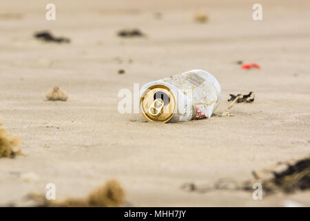 Ein Stella Artois Bier kann am Strand von Harlech gewaschen werden In West Wales UK ein Beispiel für den Müll in Das Meer rund um Großbritannien Stockfoto