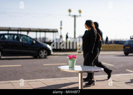 Einen Topf mit Blumen auf einem Cafe Tabelle mit Menschen Stockfoto