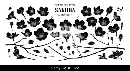 Eingestellt von isolierten silhouette Sakura in 38 Arten. Süße Hand gezeichnet Blume Vector Illustration in weißer Umriss und schwarzen Flugzeug auf weißem Hintergrund. Stock Vektor